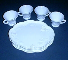 Indiana White Milk Glass HARVEST GRAPES Plates and Cups Set of 4 SNACK SET 8 pc