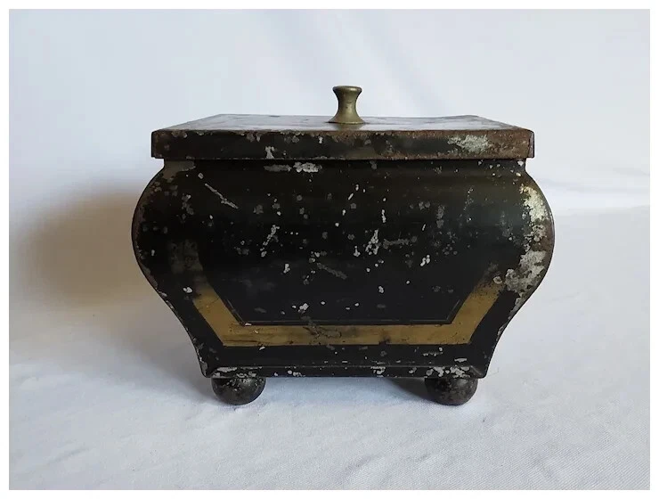 Antique 19th Primitive Folk Art Toleware Tea Caddy Tin Box - Image 3 of 4