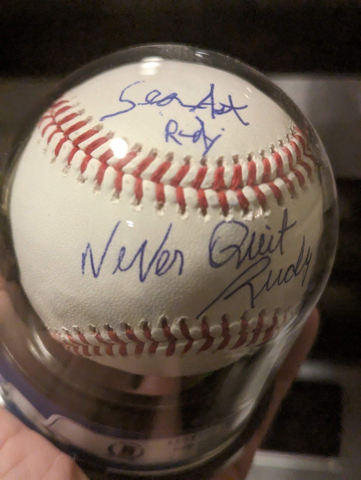 Rudy Ruettiger & Sean Astin Signed OMLB Baseball RUDY Beckett Encapsulated 