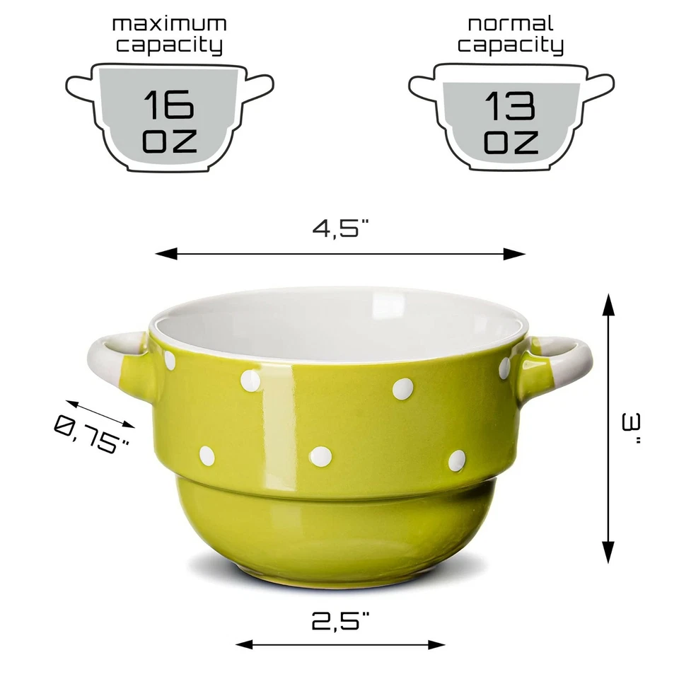 Cuencos de sopa con asas - Cerámica - Verde lunares - 16 onzas - Juego de 4 Foto 2 de 4