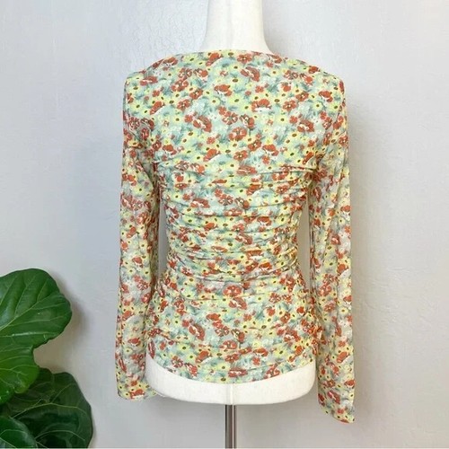 GANNI Women's Size 42 / US L (10-12) Meadow Celadon Green Mesh Ruched L/S Blouse - Picture 2 of 12