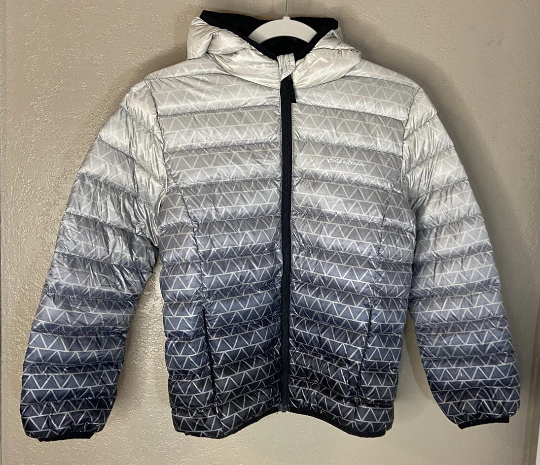Eddie Bauer Ombre+ Design Lightweight Down Hooded Puffer Jacket Grey M 10-12 EUC