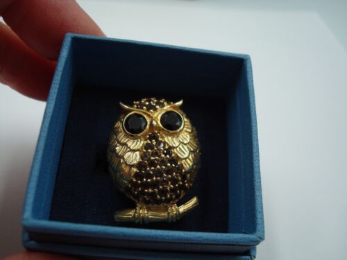 Vintage Wise Owl Statement Metal Ring With Diamante and Black 