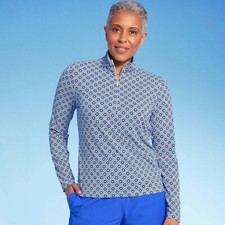 Lands' End Medium 10-12 Blue Geo Long Sleeve Quarter Zip Rash Guard Swim Shirt