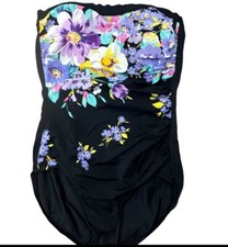 90s vtg Maxine of Hollywood Strapless Floral Black One Piece Sz 10 Swimsuit