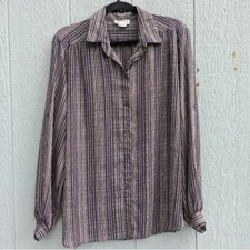 Vtg All Hours Paris Milan Button Down Blouse Semi-Sheer Lg Roll Tab Long Sleeve