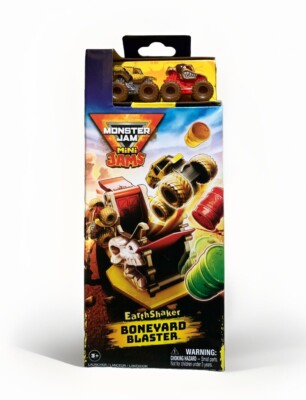 NEW Monster Jam Mini Jams EARTHSHAKER + MONSTER MUTT w/Boneyard Blaster Launcher