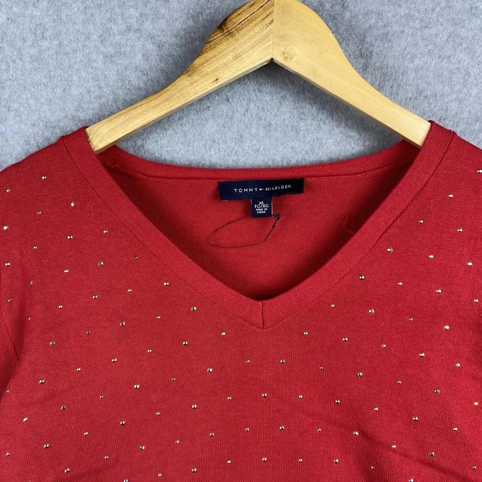 Tommy Hilfiger Suéter Mujer XL Rojo Cuello en V Lentejuelas Doradas Pullover Manga Larga Foto 3 de 4