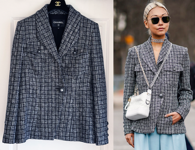 CHANEL 19P TWEED PEARL CC BUTTONS BLACK SILVER JACKET 42 | eBay
