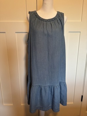 Loft Women's Blue Chambray Sleeveless Dress Size Large Ruffle Bottom Keyhole