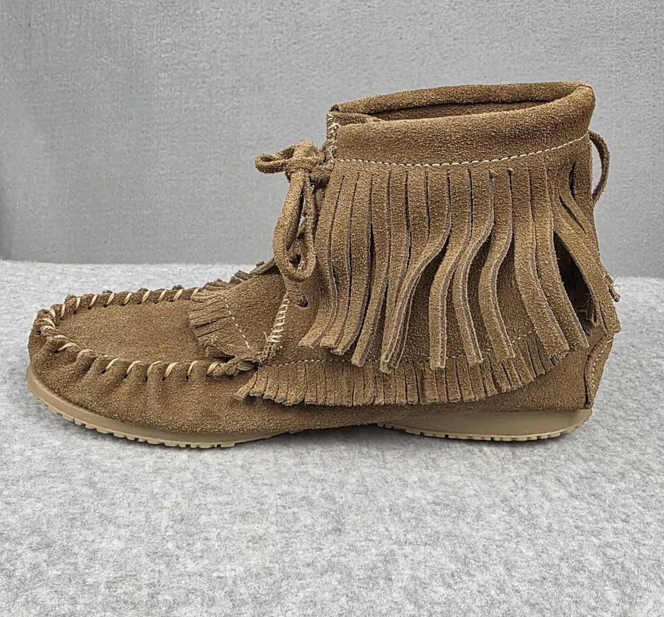 Suede Fringe Moccasin Boots Shoes Womens Brown Lace Up Crepe Sole Casual Ankle - Image 4 of 4