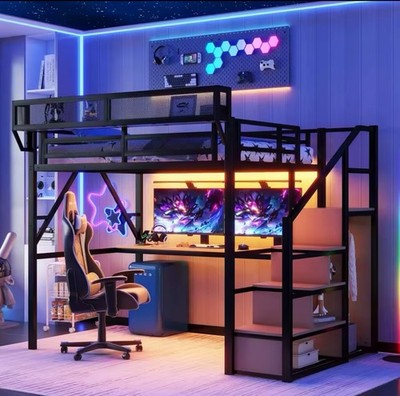 Metal Loft Bed with Desk, Stairs, RGB LED Lights & Storage