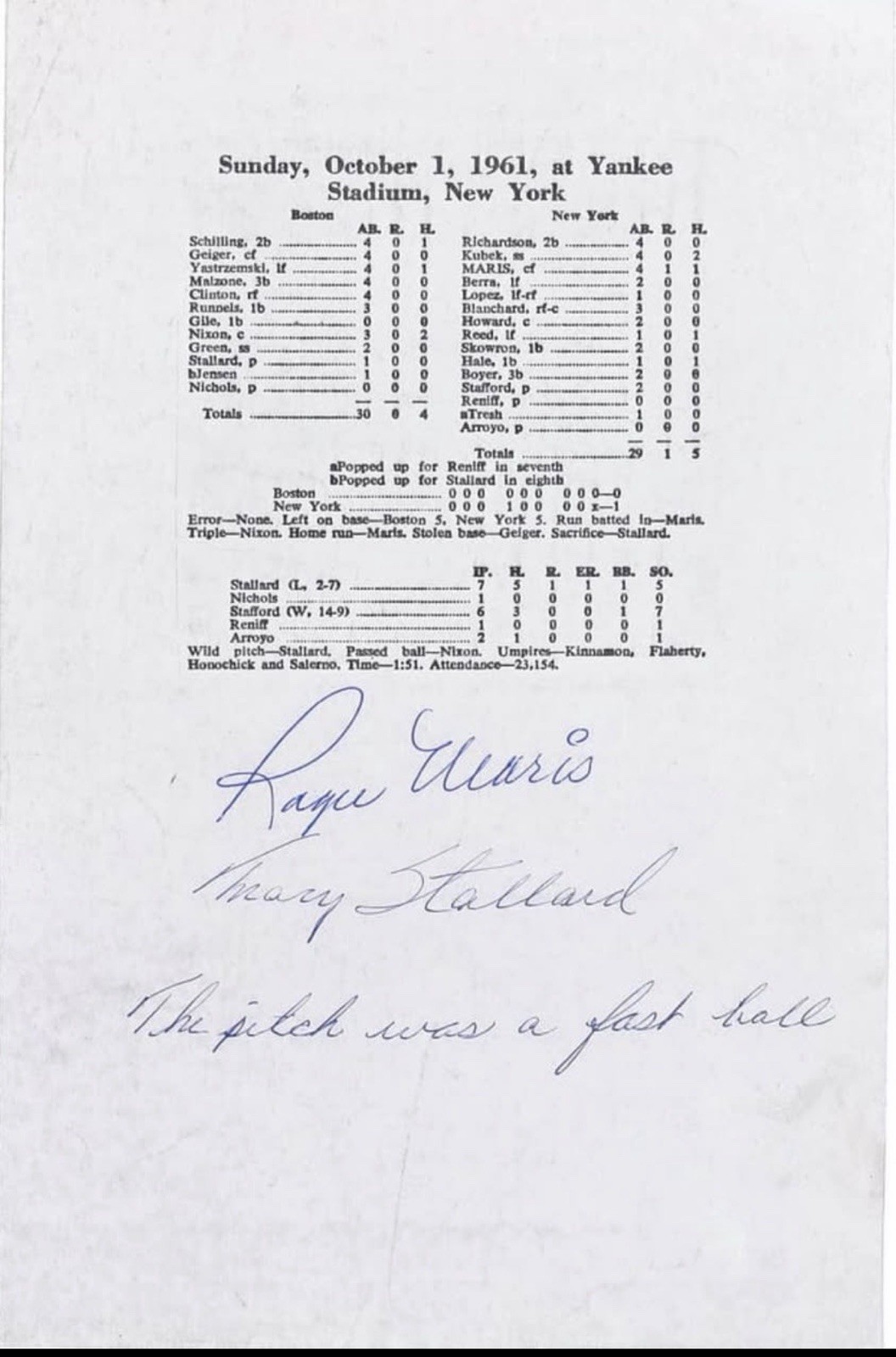Roger Maris Autographed Signed New York Yankees 61st HR Dual- Replica Box Score (PSA LOA) 