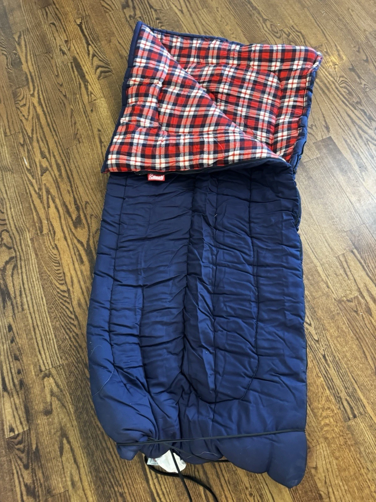 Coleman Adult Sleeping Bag with Blue plaid interior 72 x 32” cotton flannel USA