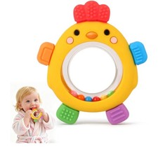 Baby Teething Toy. 2 in 1 Chick Shape Rattle, Food Grade Silicone Infant Teether