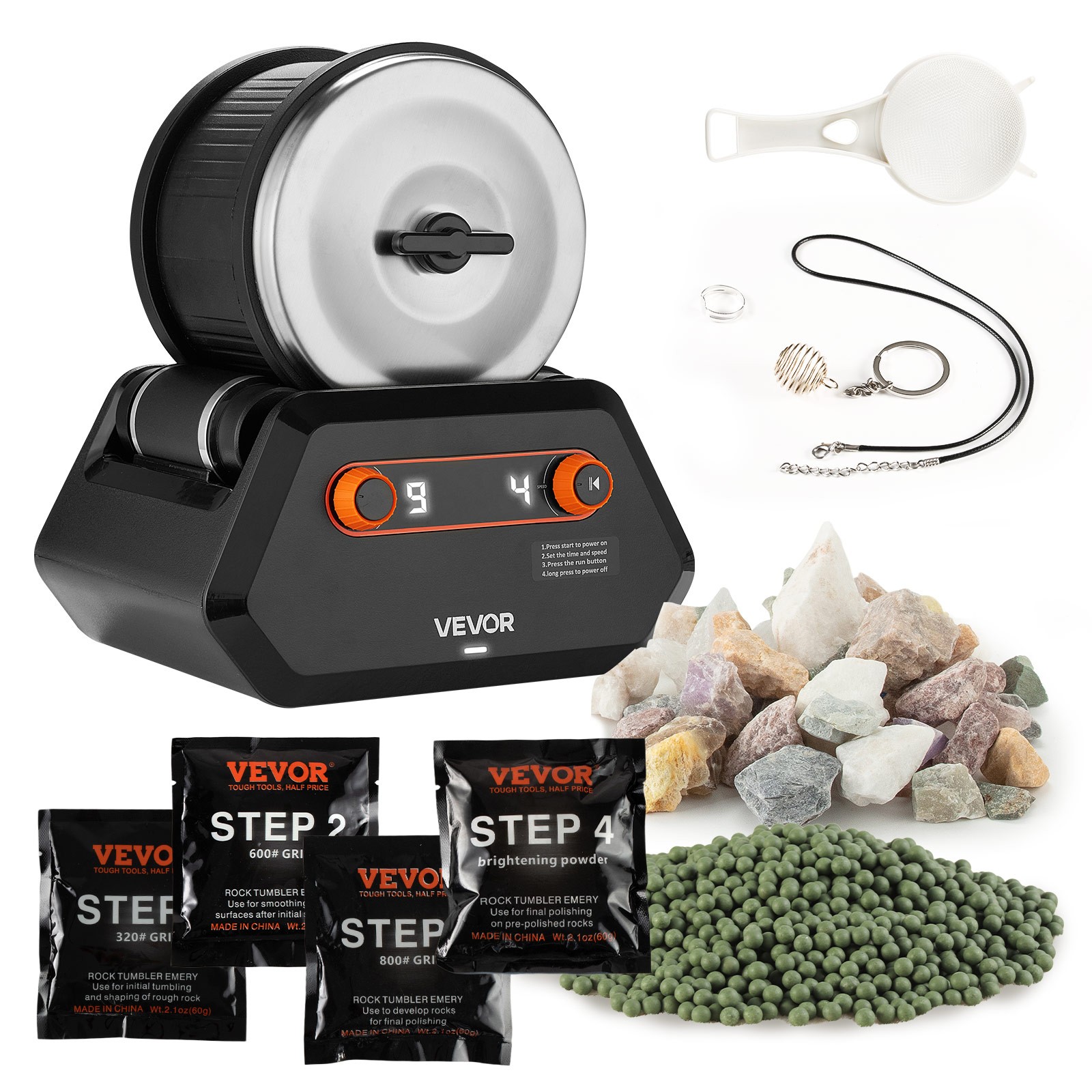 VEVOR Rock Tumbler Kit 3lbs Rock Polisher with Rough Gemstones Polishing Grits