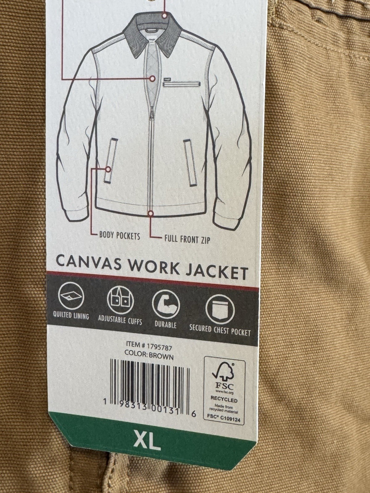 Men's XL Wrangler Brown Canvas Work Jacket. Brand New With Tags!