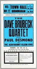 DAVE BRUBECK QUARTET – rare vintage original Birmingham 1961 concert handbill