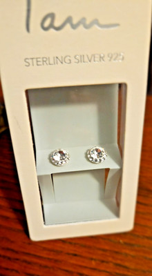 ''I Am'' Sterling Silver Cubic Zirconia Solitaire Pave Rimmed Stud Earring New Box