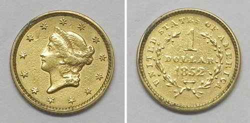 X7385  1852 USA One $1 Liberty Gold Dollar Coin, XF details, cleaned