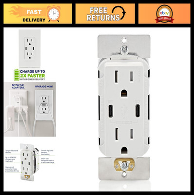 Dual USB-C In-Wall Charger with 15A Outlet, 60W Power Delivery for Smartphones &