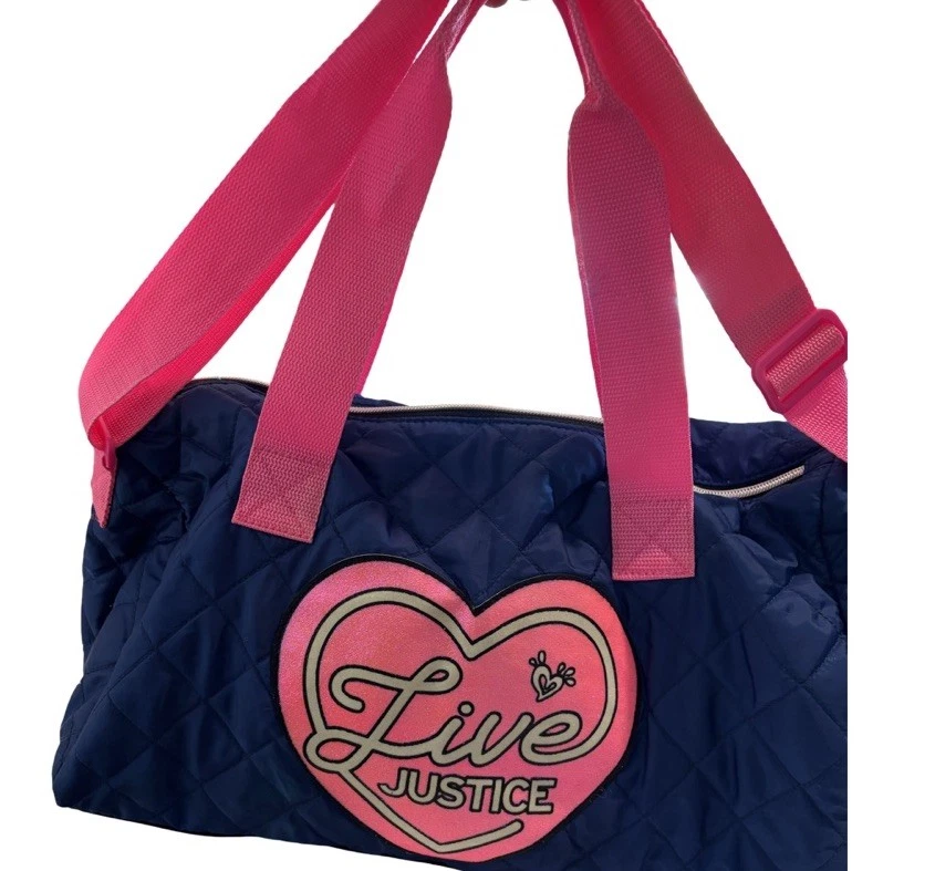 JUSTICE Live Justice Girl's Duffle Bag Blue Quilted W/Hot Pink Straps - Image 2 of 4