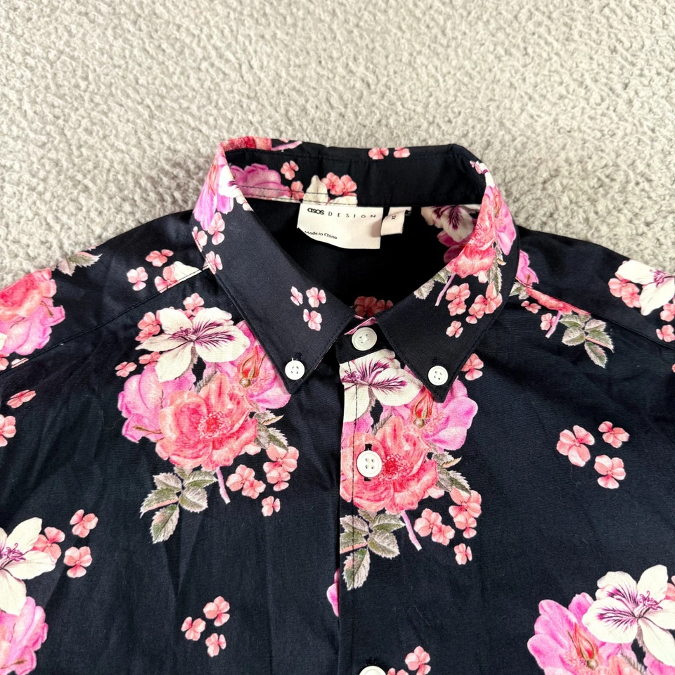 ASOS Design Mens Button Up Short Sleeve Slim Fit Shirt Black Pink Floral Size XS - Image 3 of 4