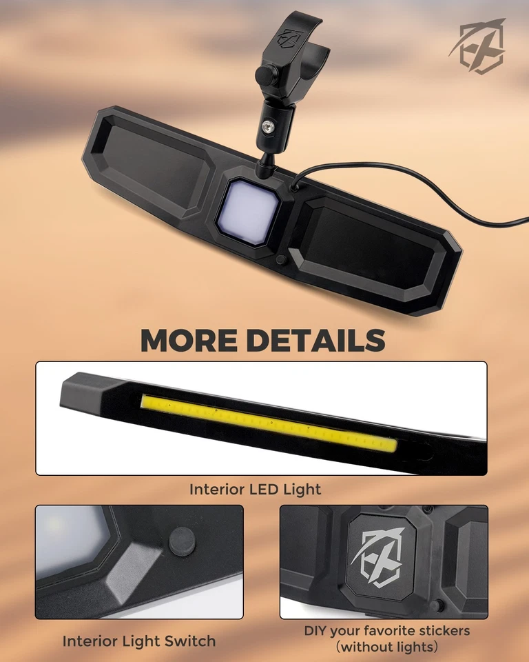 17" UTV Center Mirror Rear View w/LED Light For 1.5-2" Polaris RZR Can Am Yamaha - Image 4 of 4