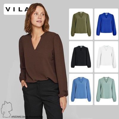VILA Damen Bluse Mandarin-Kragen V-Ausschnitt elastische Ärmelbündchen Regular