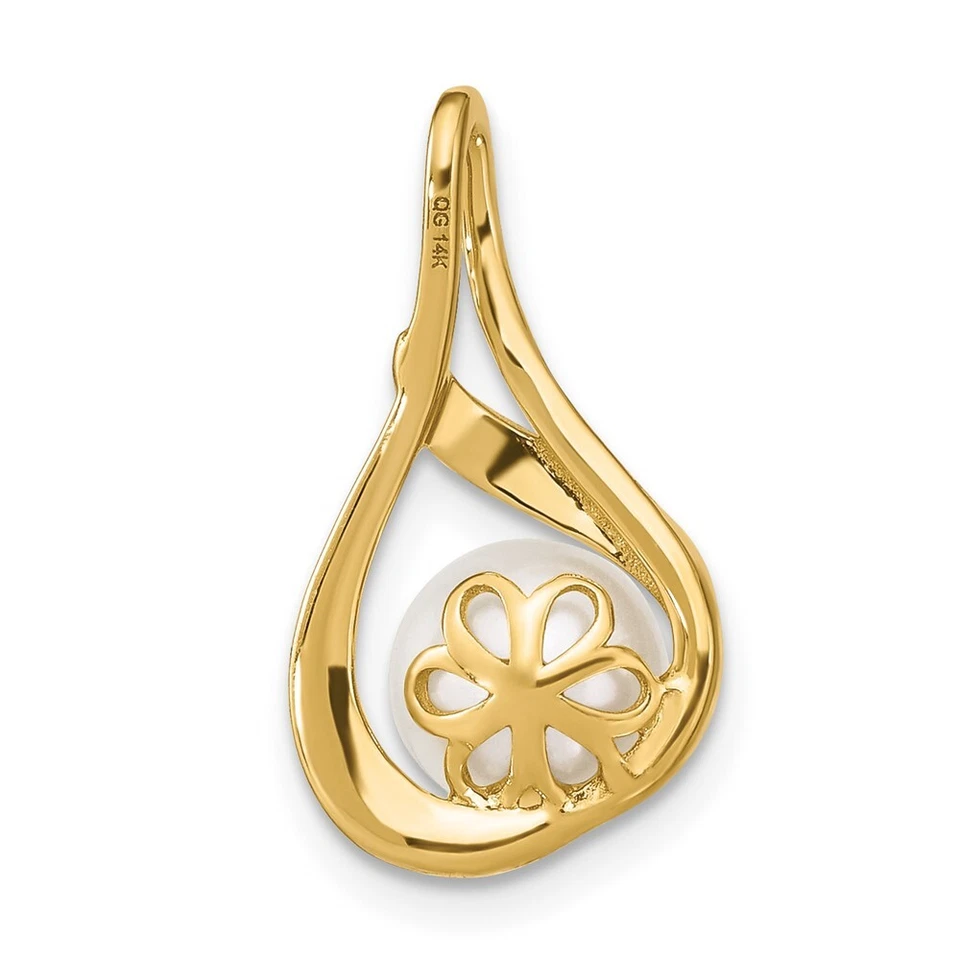 14k Yellow Gold 7-8mm White Round FW Cultured Pearl and Diamond Pendant for Mom - Image 4 of 4