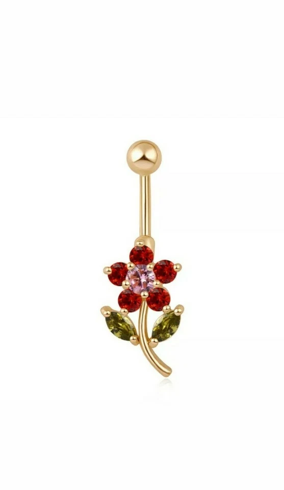 14k Yellow Gold Plated Piercing Flowers Navel Ring Belly Button Party Wedding - Image 2 of 3