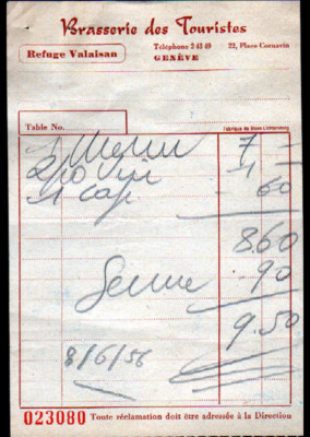 GENF (SCHWEIZ) RESTAURANT ''BRASSERIE DES TOURISTES'' WALLISER HÜTTE 1956