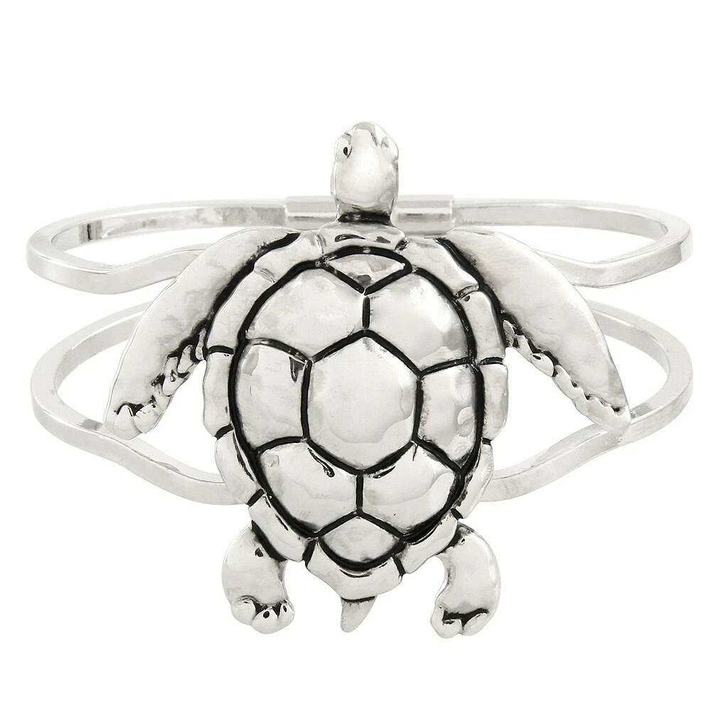 Sea Turtle Hinge Bangle Bracelet SILVER Metal Shell Ocean Beach