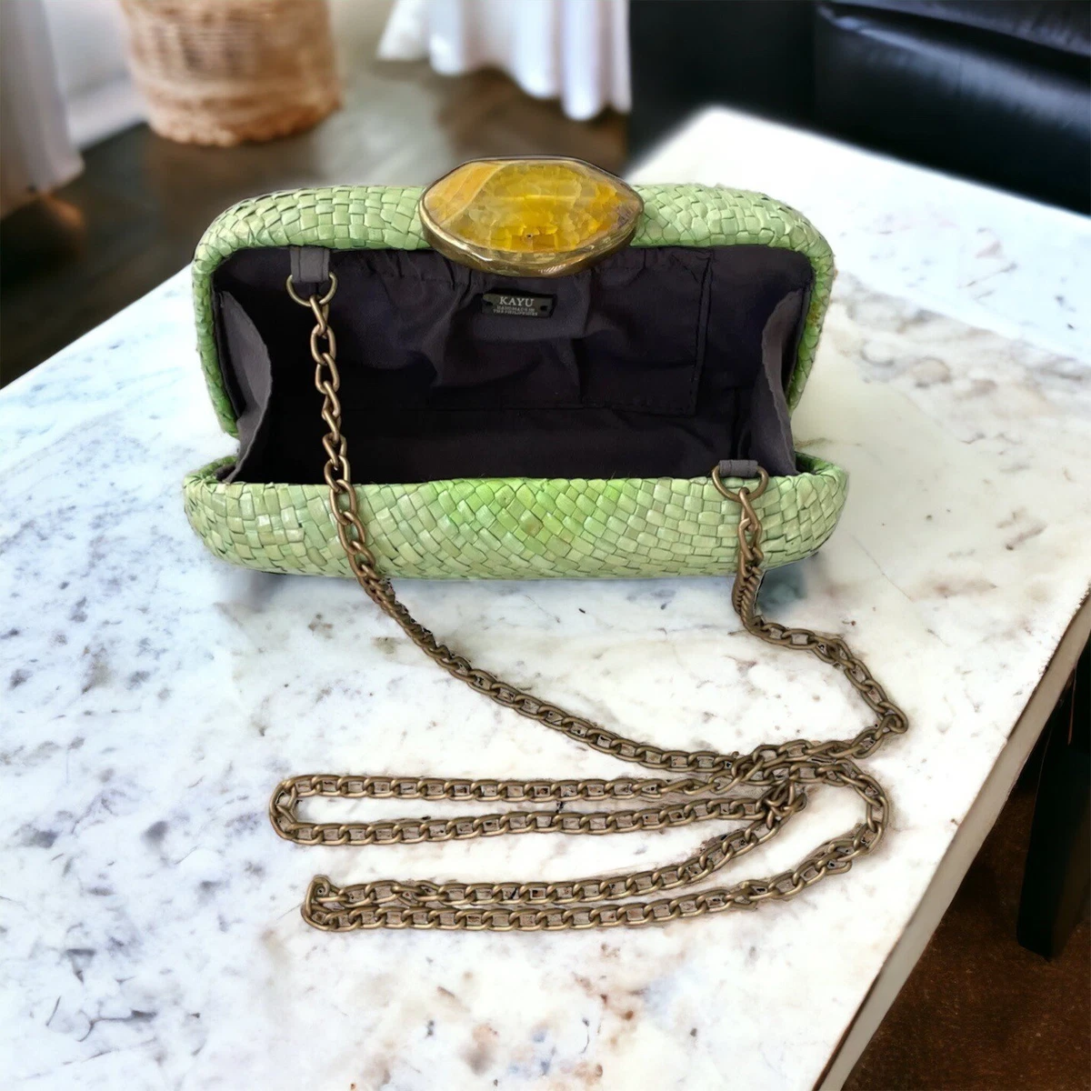 Kayu Jen Woven Straw Green Evening Clutch w Embellished Stone