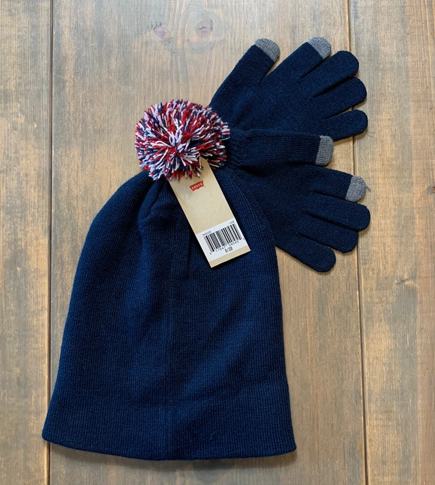 NWT Levi's Boy's Youth Navy Blue Knit Pom Pom Beanie & Gloves 2 Piece Set 8-20 — 第 3/4 张图片