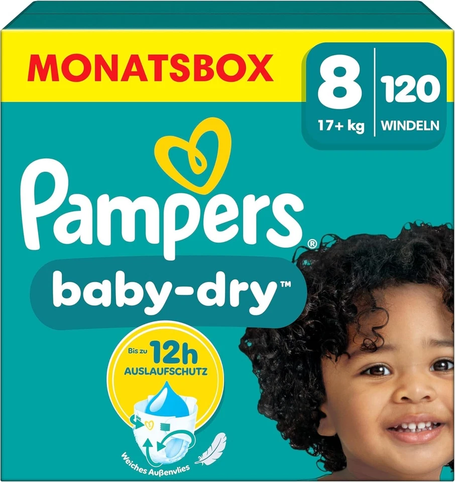 Pampers Windeln Größe 8 (17Kg+) Baby-Dry, Extra Large, MONATSBOX, Bis Zu 12 Stun