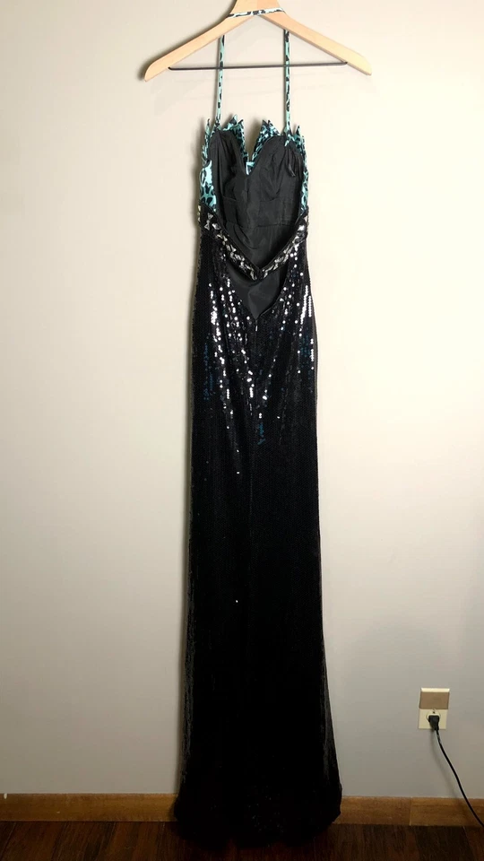 Maxi Vestido de Noche Terani Para Mujer Negro Azul Estampado Animal Lentejuelas Talla 6 Foto 2 de 4