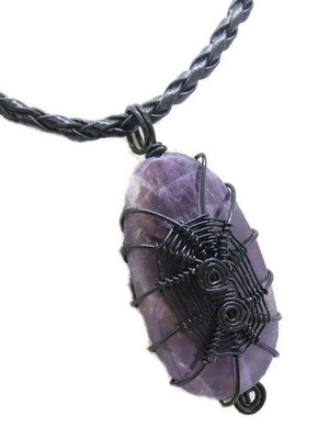 Amethyst Spiderweb Necklace: Handcrafted Black Wire Wrap Pendant