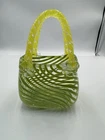 VINTAGE HAND BLOWN ART GLASS MURANO STYLE GLASS PURSE VASE-YELLOW GREEN SWIRL