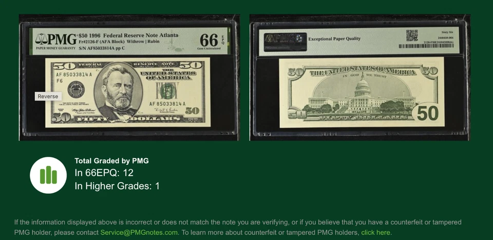 1996 $50 ATLANTA FRN. PMG GEM Uncirculated 66 EPQ Banknote. - Image 3 of 3