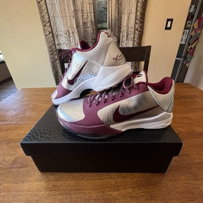 Nike Kobe 5 Basketball Shoes Maroon Silver White Synthetic New with Box
