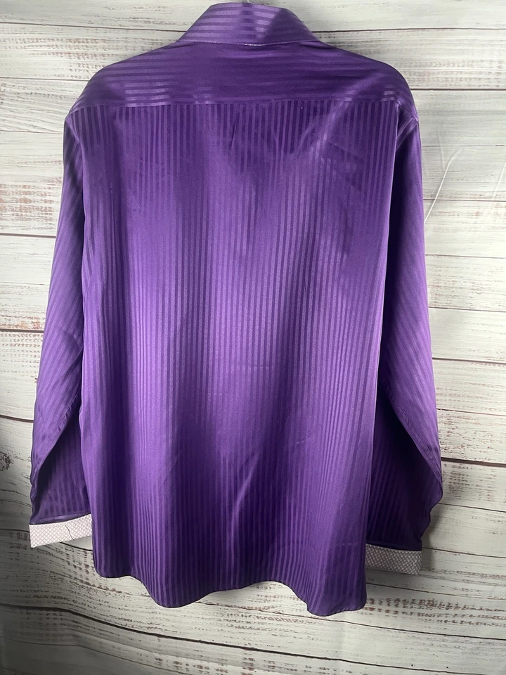 Coogi Classic Shirt Mens XL 17 34/35 Purple Flip Cuff Striped Cotton Blend - Image 2 of 4