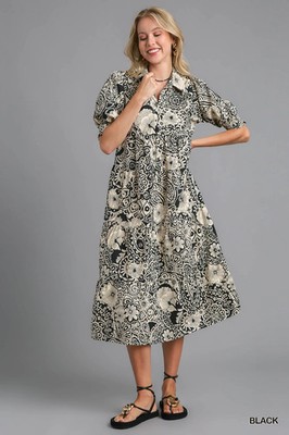 Umgee Black Vintage Garden Shirt Dress Tiered Midi Length w/ Puff Sleeves |  eBay