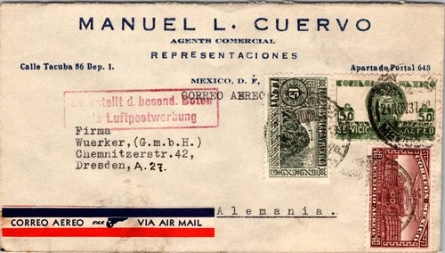 1937 Distrito Federal DF Mexico Airmail Postal Stamps Cover To Dresden Germany