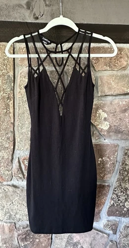 Bebe Black Mesh Bondage Body Con Black Dress Size XXS