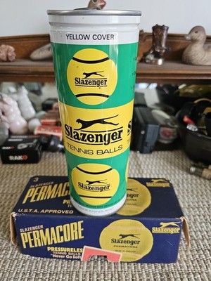 Vintage Can New Slazenger Tennis Balls Yellow Made In England  w Box of Used