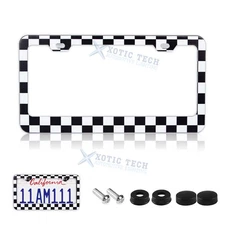 White Black Checkered Steel 12.2" x 6.3" Front Back License Plate Cover for Car