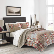 King Quilt Set Reversible Cotton Bedding Patchwork Shams Rustic Brown Indigo3pc