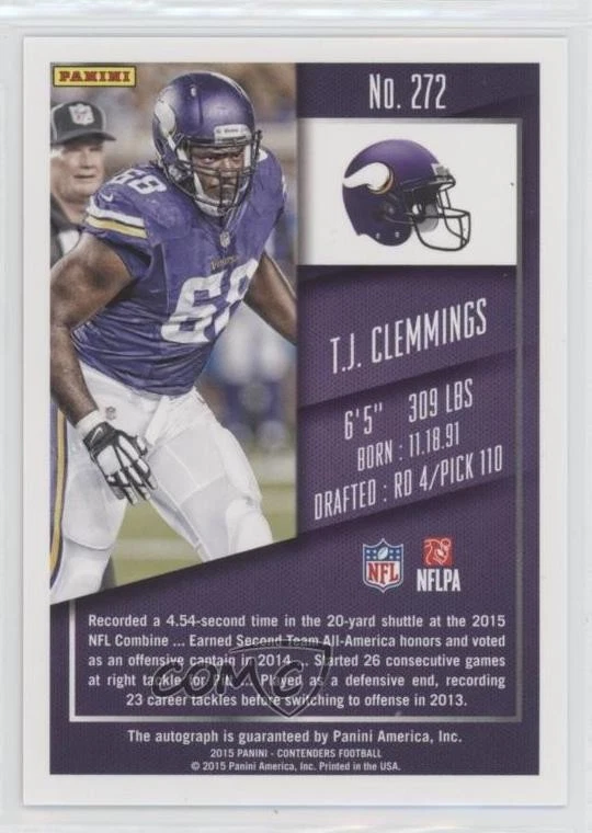 2015 Panini Contenders Playoff Ticket /199 TJ Clemmings #272 Rookie Auto RC - Image 2 of 2