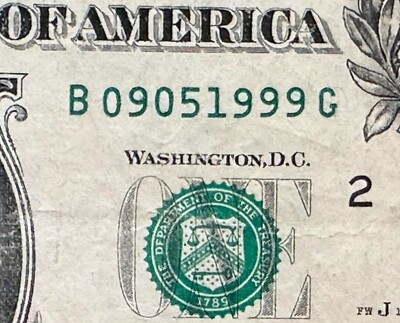 $1 Birthday Note - SEPTEMBER 05, 1999 - Fancy Serial Number 2013 B 09051999 G